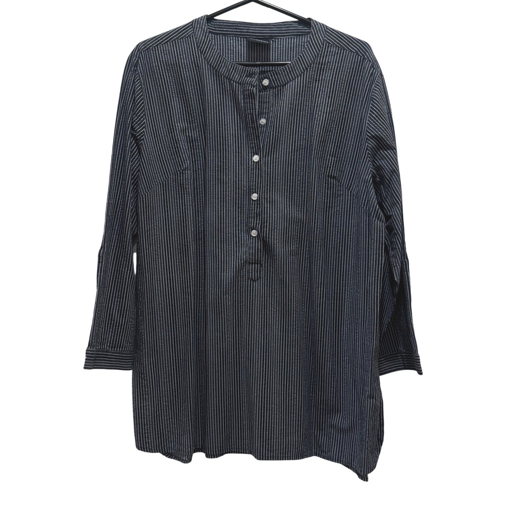 Madison Mathews Tunic Sz L Navy White Seersucker Stripe Roll Tab‎ Coastal Beach